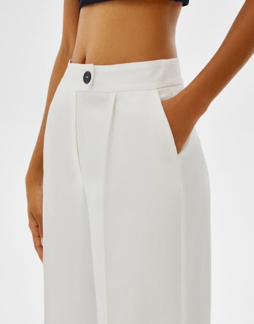 Bershka - Elegante broek met wijde pijpen in wit, deel van co-ord set, 3 van 4