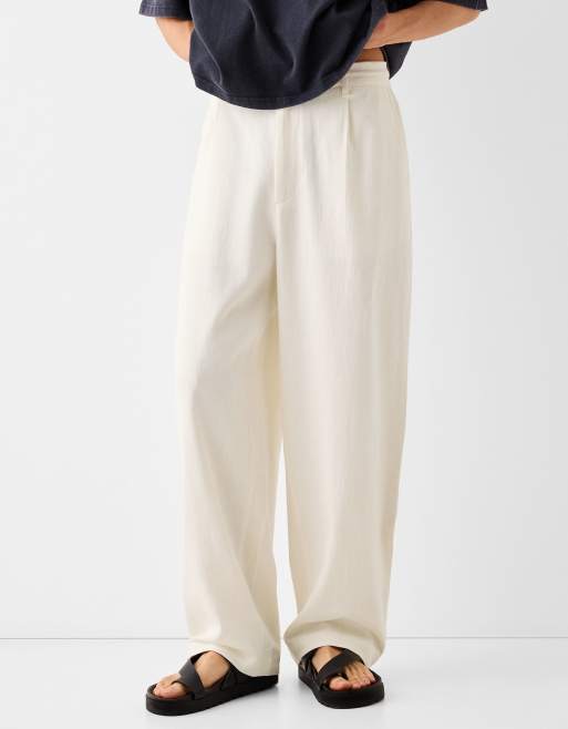 Bershka - Elegante linnen broek met wijde pijpen in wit