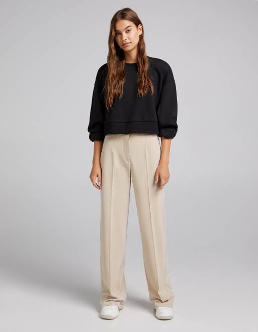 Bershka – Elegante, locker geschnittene Dad-Hose in Kamelbraun gestreift mit weitem Bein, 4 von 4