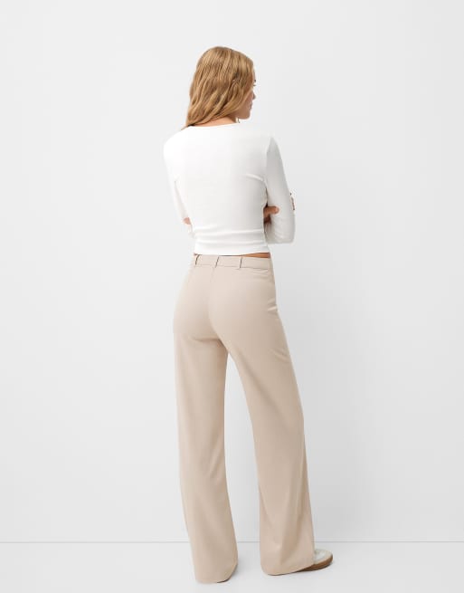 Bershka - Elegante pantalon met wijde pijpen in lichtbeige, 3 van 5