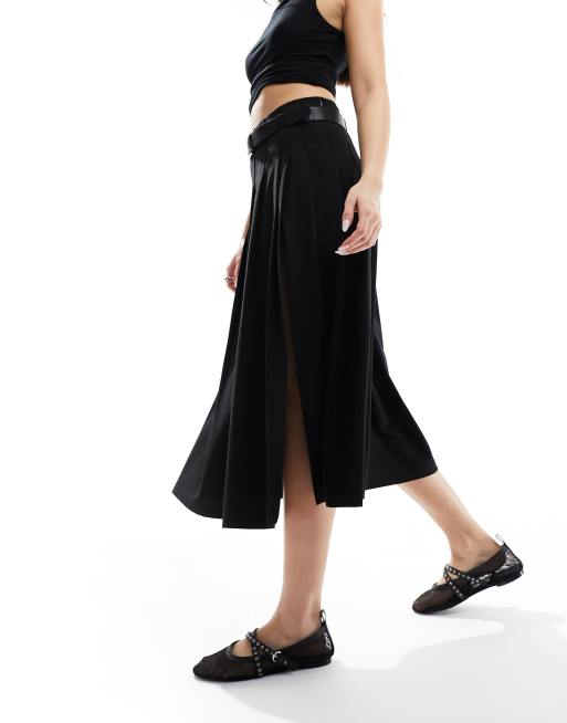 Bershka – Eleganter Midi-Faltenrock in Schwarz mit Gürtel, 3 von 5