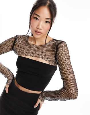 Bershka Embellished Mesh Top In Black