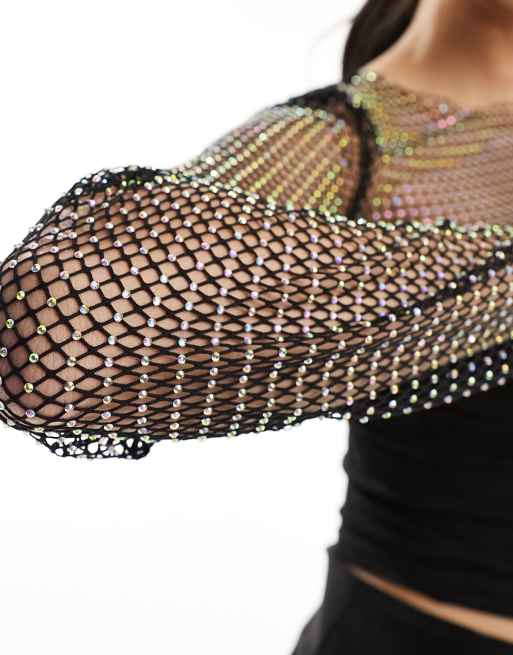 Bershka embellished mesh top in black | ASOS