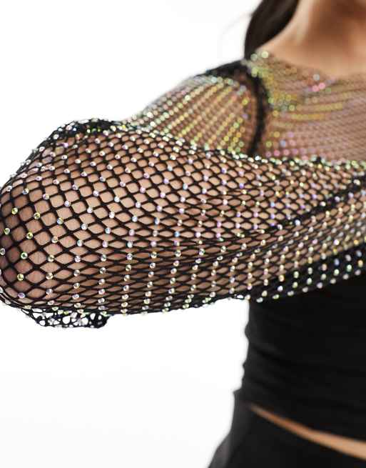 Noisy May diamante fishnet top in Black