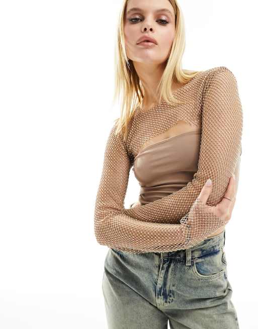 Bershka embellished mesh top in gold
