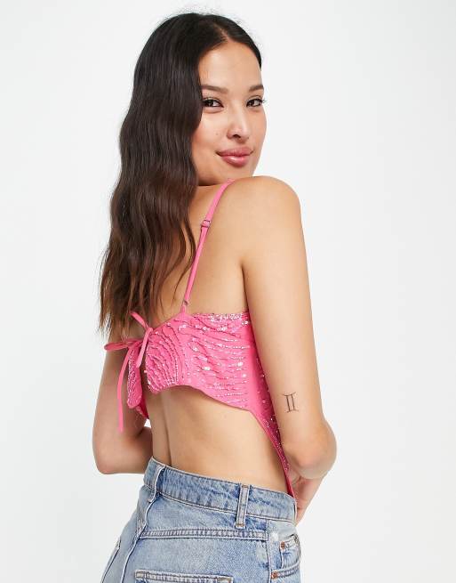 Bershka embellished scarf top in bright pink | ASOS