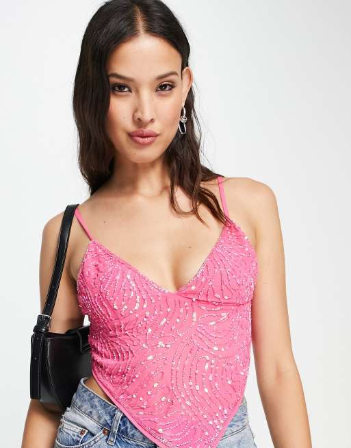 Bershka embellished scarf top in bright pink | ASOS