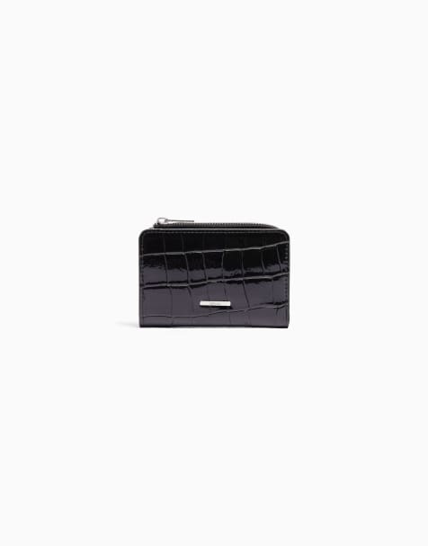 Bershka Embossed faux-patent-finish animal print purse in black - view 1