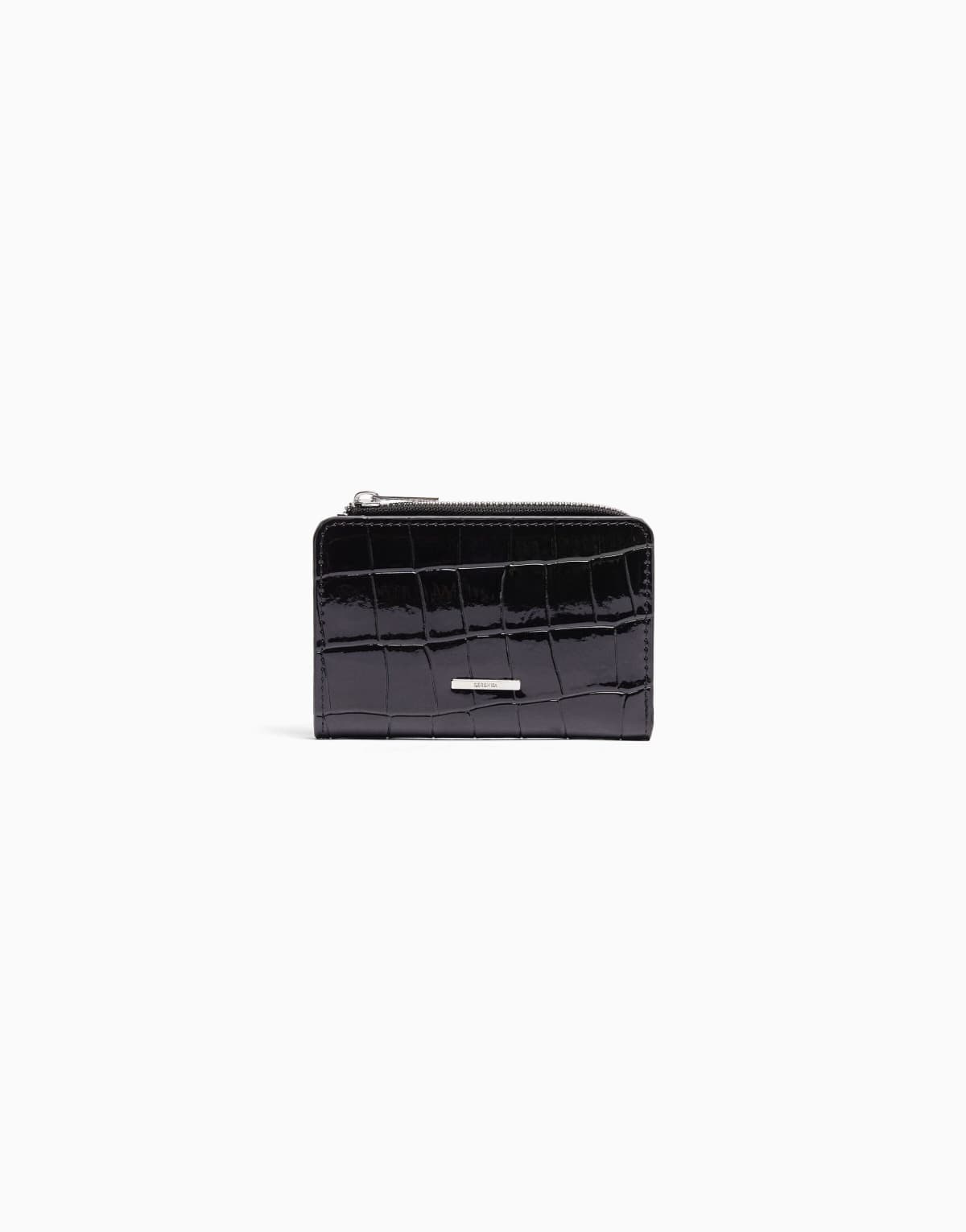 Bershka Embossed faux-patent-finish animal print purse in black