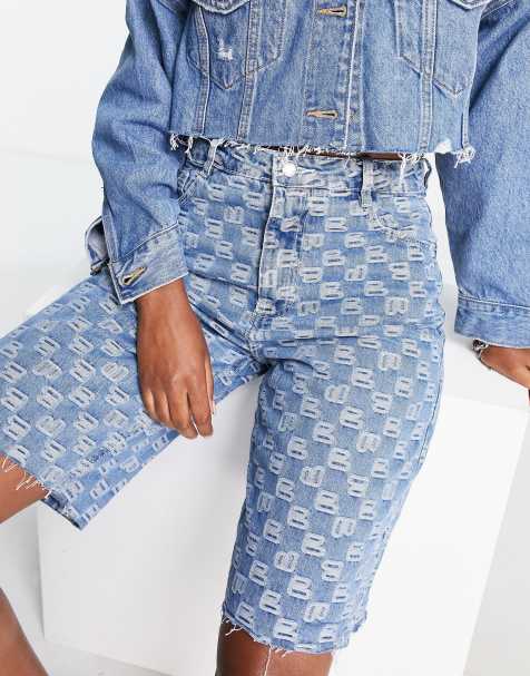 Bershka embossed logo bermuda shorts in mid blue - view 1
