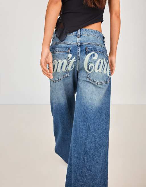 Bershka Embroidered baggy jeans in mid blue, 2 of 5
