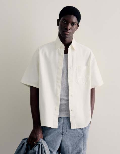 Bershka Embroidered boxy short sleeve shirt in white - view 1