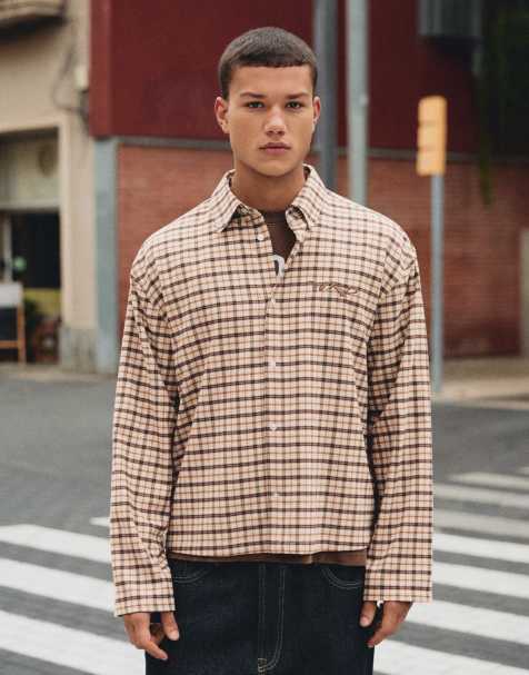 Bershka Embroidered check long sleeve shirt in brown - view 1
