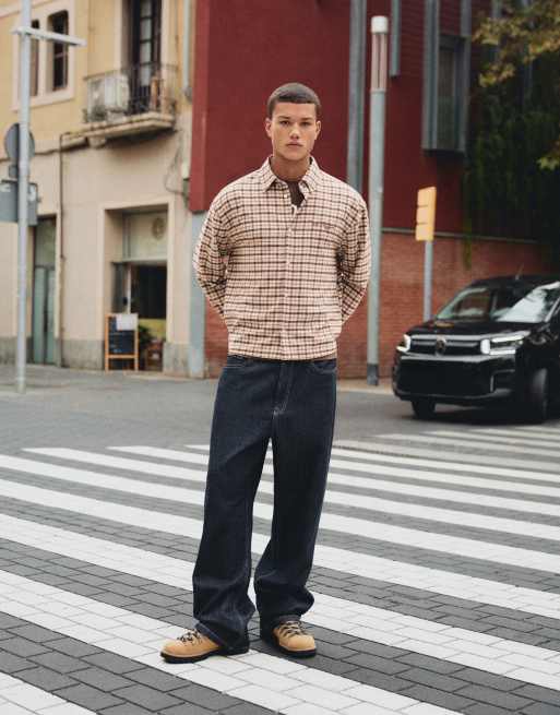 Bershka Embroidered check long sleeve shirt in brown, 2 of 6