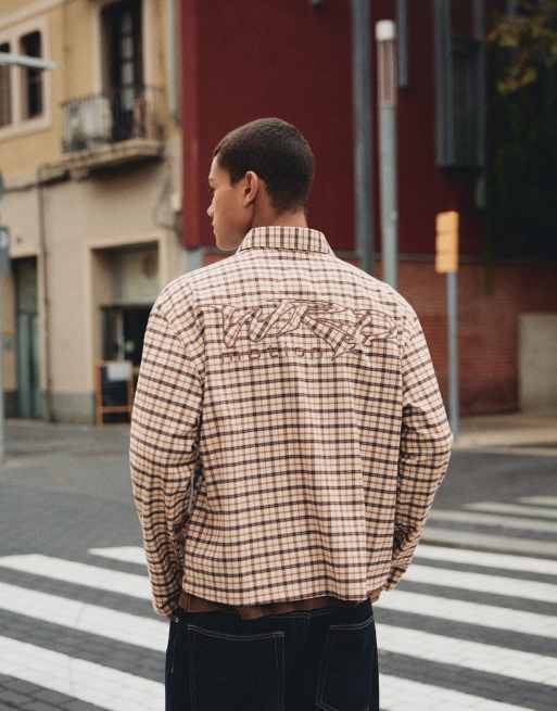 Bershka Embroidered check long sleeve shirt in brown, 4 of 6