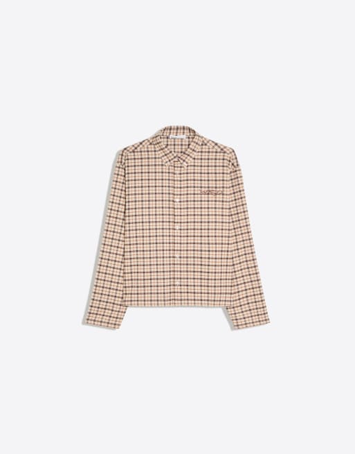 Bershka Embroidered check long sleeve shirt in brown, 5 of 6