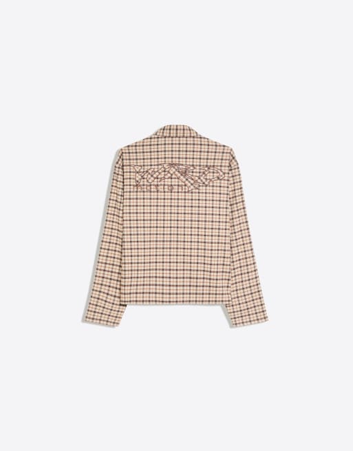 Bershka Embroidered check long sleeve shirt in brown, 6 of 6