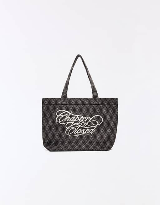 Bershka Embroidered check tote bag in brown, 4 of 5