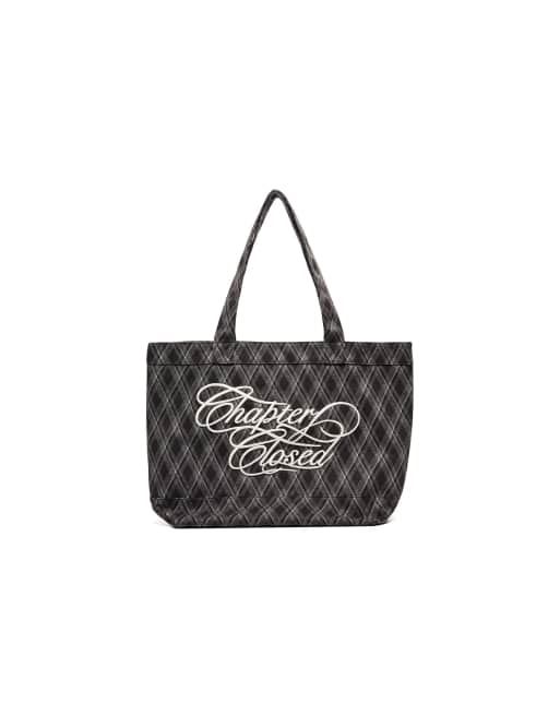 Bershka Embroidered check tote bag in brown, 5 of 5