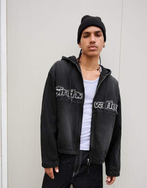 Bershka Embroidered denim jacket with zip in black - view 1