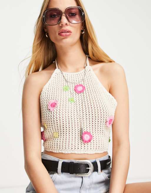Bershka embroidered flower detail crochet crop top in cream, 3 of 4