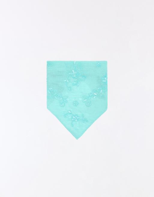Bershka Embroidered fur bandana in blue, 2 of 4