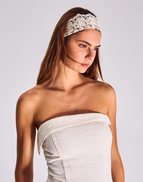 Bershka Embroidered hair band in ecru - view 1