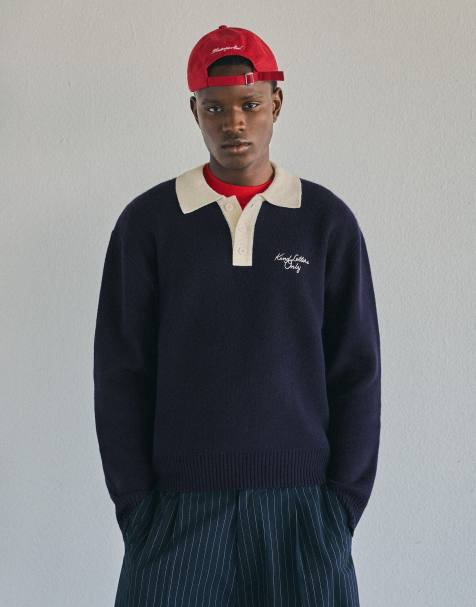Bershka Embroidered knitted polo shirt in blue - view 1