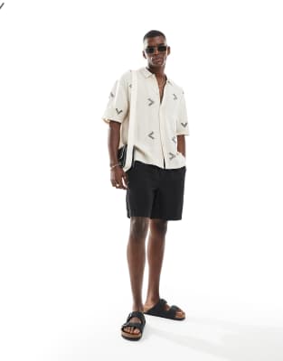 Bershka Embroidered Linen Rich Shirt In Neutral