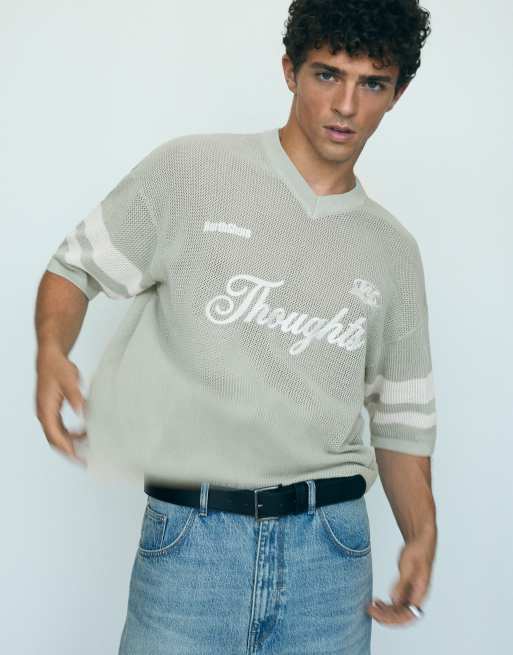 Bershka Embroidered mesh v-neck t-shirt in green, 3 of 4