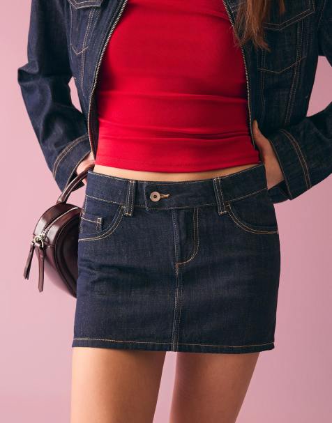 Bershka Embroidered mini denim skirt in blue