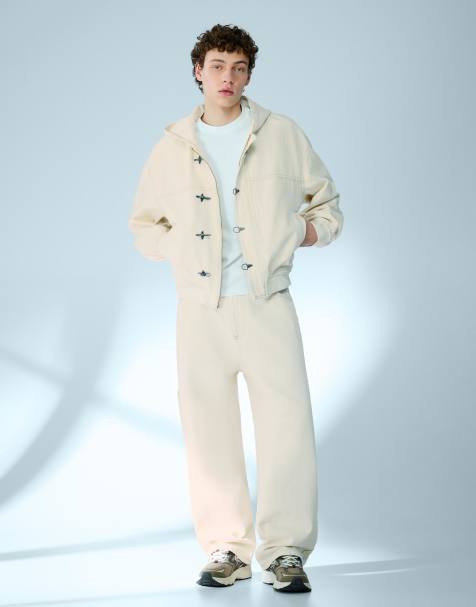 Bershka Embroidered neo barrel carpenter jeans in ecru - view 1