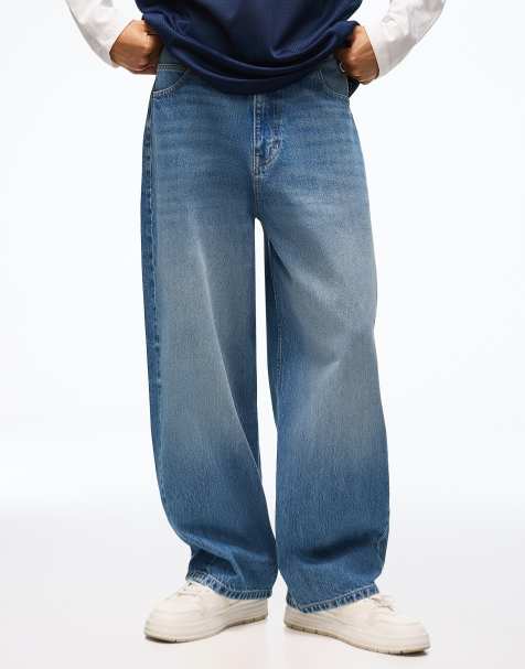 Bershka Embroidered neobarrel jeans in mid blue - view 1