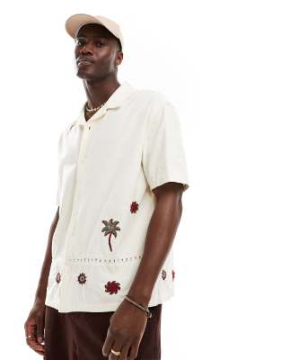 embroidered palm shirt in ecru-Neutral