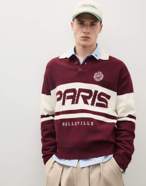 Bershka Embroidered polo collar jumper in burgundy - view 1