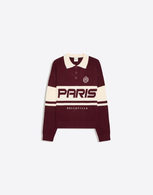 Bershka Embroidered polo collar jumper in burgundy, 5 of 6
