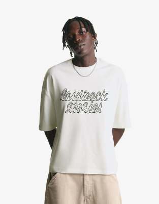 Bershka Embroidered short sleeve boxy fit t-shirt in white