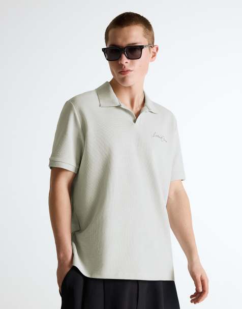 Bershka Embroidered short sleeve polo shirt in beige - view 1