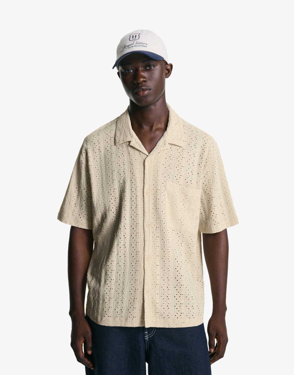 Bershka Embroidered short sleeve shirt in beige
