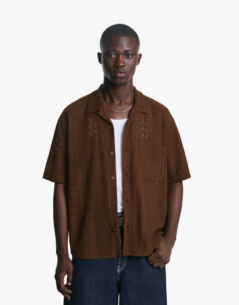 Bershka Embroidered short sleeve shirt in brown - view 1