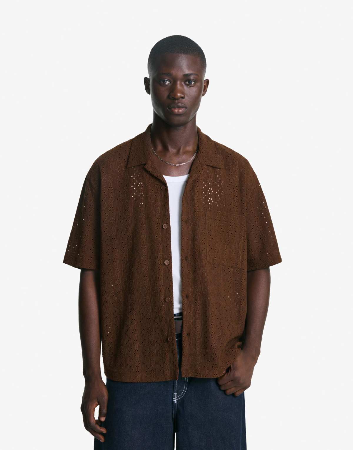 Bershka Embroidered short sleeve shirt in brown