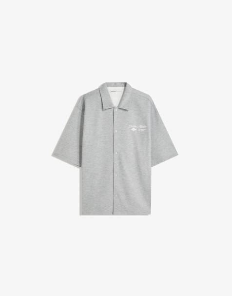 Bershka Embroidered short sleeve shirt in light grey - view 1