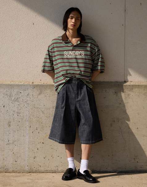 Bershka Embroidered stripe short sleeve polo shirt in brown