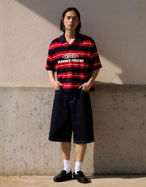 Bershka Embroidered stripe short sleeve polo shirt in red