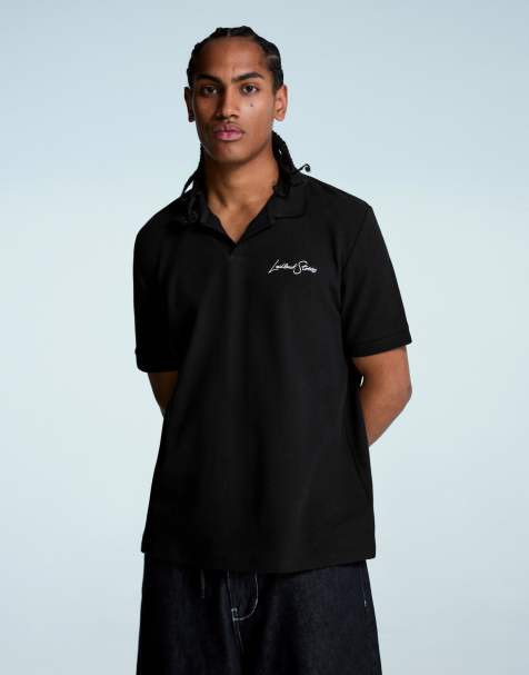Bershka Embroidered structured short sleeve polo shirt in black - view 1
