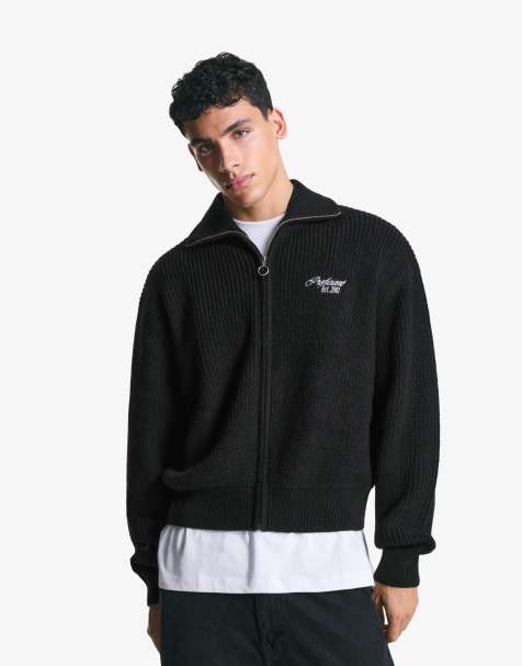 Bershka Embroidered textured zip-up sweatshirt in black - view 1