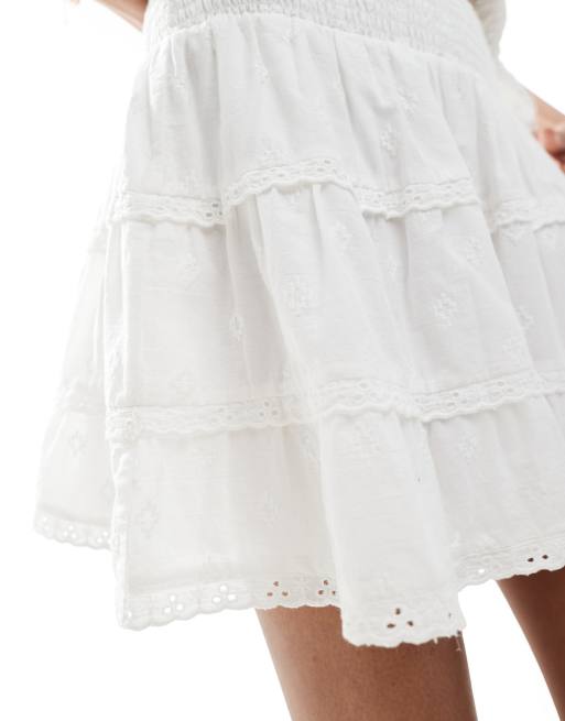 Bershka embroidered tiered rara mini skirt in white