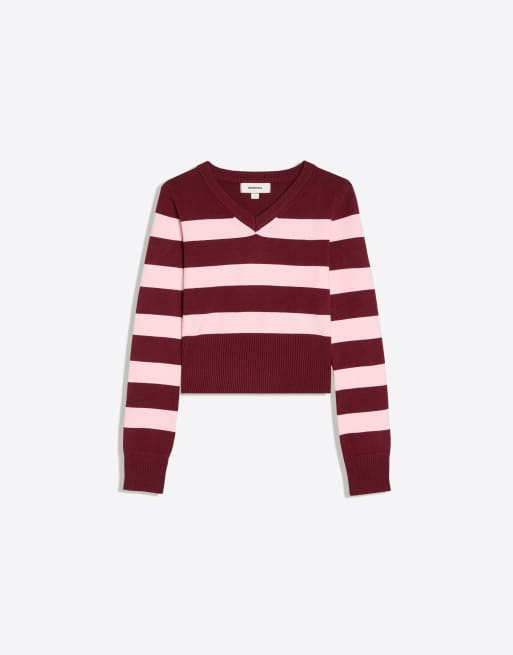 Bershka Embroidered v-neck jumper in burgundy, 5 of 5