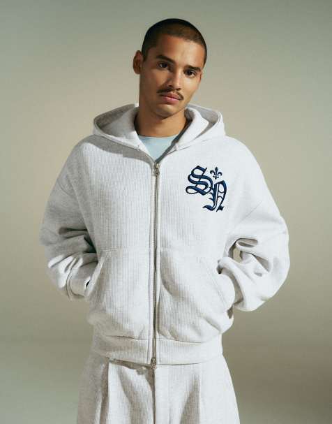 Bershka Embroidered waffle-knit hoodie in light grey - view 1