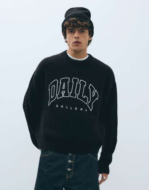 Bershka Embroidered waffle-knit jumper in black - view 1